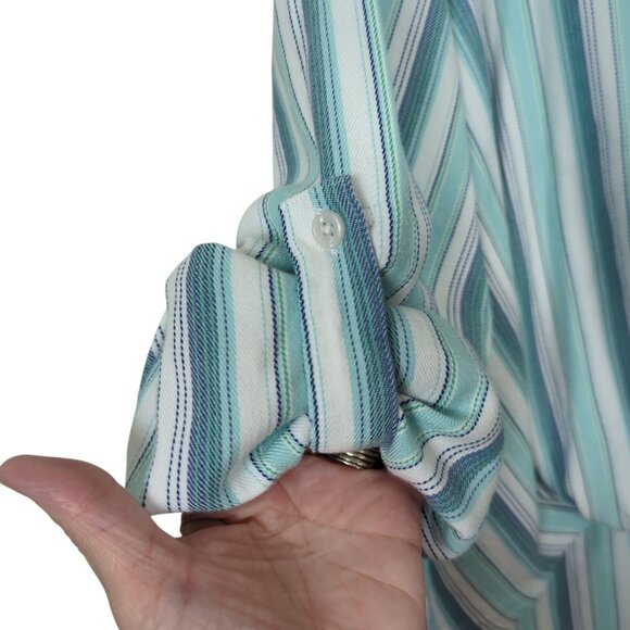 Chico's Striped blue white blouse sz 3 sz 16 with Twist front design Tab Sleeves - Picture 8 of 14